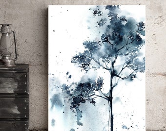 May include: A watercolor painting of a tree in shades of blue and gray. The artwork is displayed on a white canvas, leaning against a concrete wall. The tree's branches and leaves are depicted with soft brushstrokes, creating a serene and artistic aesthetic.
