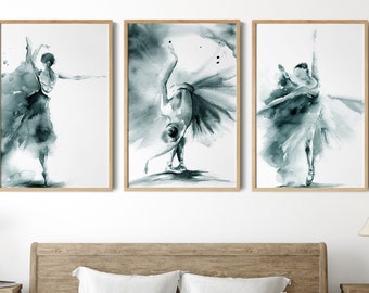 Ballerina Paintings, Ballet Canvas Prints Set of 3 Pieces Wall Decor in Teal, Dance Watercolor Prints, 3 Ballerina Canvas Prints Wall Art