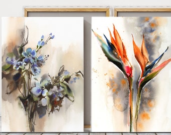 Tropical Floral 2 Canvas Prints Set, Bird of Paradise Watercolor Painting, Botanical Bright Nature Decor