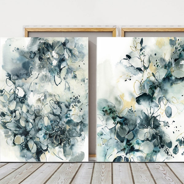 Abstract Botanical Canvas Prints Set of 2 Pieces, Nature Wall Decor, Watercolor Paintings, Abstract Leaves Painting, Extra Large Framed Art