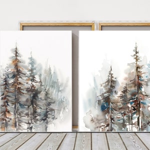 Forest Wall Art, Set of 2 Canvas Prints, Pine Trees Painting, Abstract Nature Decor, Forest Wall Decor, Forest Landscape Watercolor Painting