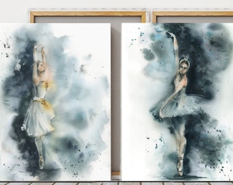 Ballerina Watercolor Painting 2 Art Prints on Canvas Dance Wall Art in Blue Colors