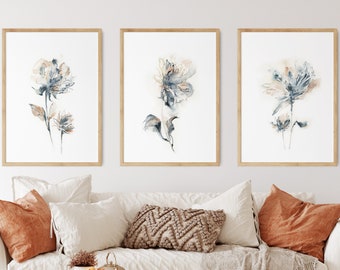 Set of 3 Minimalist Floral Canvas Prints, Abstract Pastel Flower Painting, Watercolor Prints Wall Art