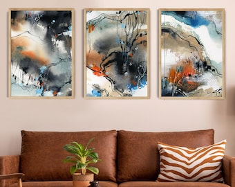 Abstract Canvas Prints 3 Pieces Set, Abstract Painting Orange and Blue Abstract Art, Prints on Canvas Wall Decor