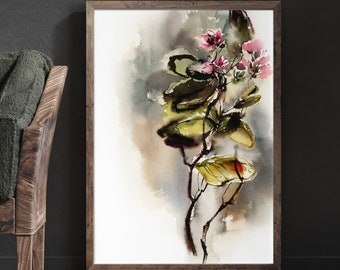 Abstract Botanical Canvas Art Print, Pink Green Florals Watercolor Print, Nature Botanical Painting