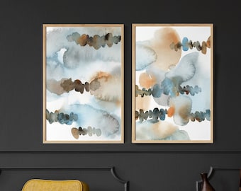 Abstract Canvas Prints 2 Panels Living Room Decor, Abstract Watercolor Paintings, Blue and Earthy Colors Prints, Oversized Wall Prints Set