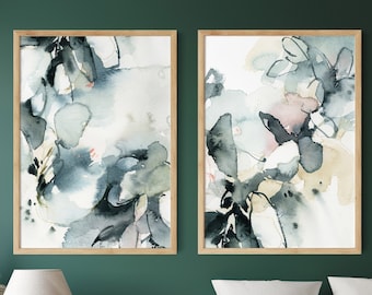 Abstract Teal Wall Art,  Set of 2 Canvas Prints, Abstract Botanical Wall Prints, Leaf Paintings, Abstract Prints on Canvas, 2 Panels Decor