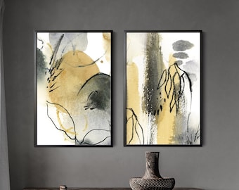 Mustard Yellow Abstract Painting, 2 Canvas Art Prints Set, Abstract Nature Prints, Yellow Green Wall Art, Prints on Canvas Modern Home Decor