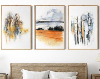 Abstract Landscape Set of 3 Canvas Prints, Orange Blue Tree Nature Painting Wall Decor