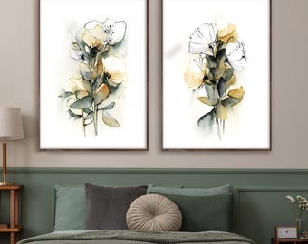 Abstract Floral 2 Canvas Art Prints Set: Yellow Green Watercolor Prints, Botanical Painting Wall Decor