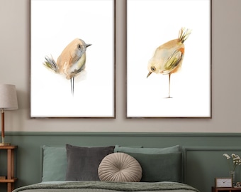 Minimalist Bird 2 Canvas Prints Set, Cute Birdie Painting, Birds Illustration Neutral Colors Wall Decor