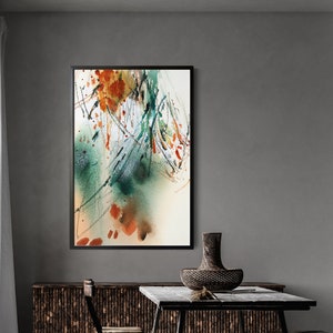 Canvas Art Print in Orange and Emerald Green Colors, Abstract Painting, Home Wall Decor Print, Large Sizes Living Room Wall Print on Canvas