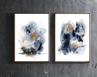 Blue Abstract Art Set of 2, Modern Wall Decor, Abstract Nature Gallery Wall Art, Canvas Wall Decor, Prints Canvas Ready to Hang Large Sizes