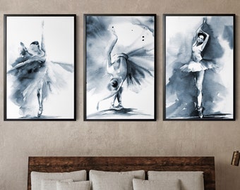 Ballerina Canvas Prints Set of 3 Pieces Wall Decor in Blue, Ballet Paintings, Watercolor Prints Set, 3 Ballerina Canvas Prints Wall Art