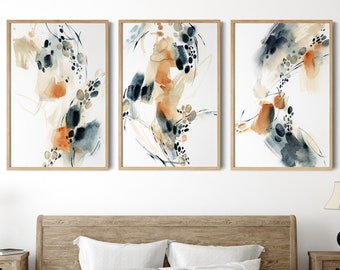 Abstract 3 Canvas Prints Set in Blue and Terracotta Colors, Abstract Paintings, Watercolor Prints, Bedroom Contemporary Wall Decor Prints