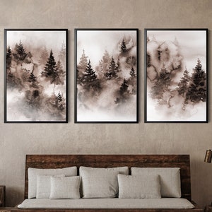 Mountains Forest 3 Pieces Wall Canvas Prints in Earthy Brown Colors, Pine Trees Watercolor Painting Art, Set of 3 Canvas Art Prints Woodland