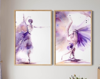 Set of 2 Ballet Canvas Prints, Ballerina Paintings, Dancer Wall Art, Ballet Watercolor Painting, Bright Purple Home Decor, Prints on Canvas