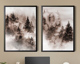 Pine Trees Mountains Landscape Wall Prints Set of 2 Pieces Canvas Art Prints, Nature Paintings Watercolor Art, Earthy Brown Tones Wall Art