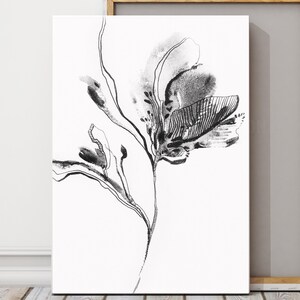 Black Abstract Flower Canvas Fine Art Print, Botanical Watercolor Painting, Black and White Wall Print, Flower Nature Art, Print on Canvas