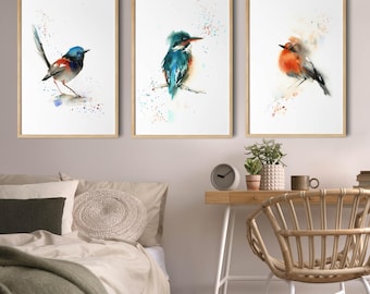 Watercolor Bird Prints (Set of 3), Canvas Prints of Fairy Wren, Robin and Kingfisher Paintings