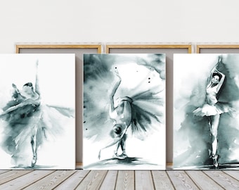 Muted Teal Ballerina Painting Set of 3 Canvas Prints Gallery Wall, Ballet Watercolor Art, Dancer 3 Pieces Above Sofa Wall Art Canvas Prints