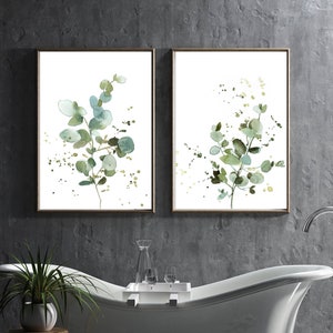 Eucalyptus Canvas Prints, Set of 2 Fine Art Prints, Abstract Leaf Paintings, Greenery Wall Decor, Botanical Watercolors, Nature Green Prints