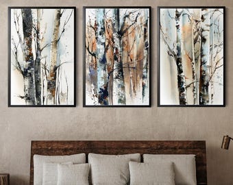 Birch Trees 3 Canvas Prints Set, Birch Forest Watercolor Prints, Tree Painting Woodland Decor