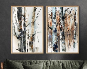 Birch Forest Wall Art Set of 2 Fine Art Prints, Birch Tree Paintings, Watercolor Nature Home Decor, Woodland 2 Pieces Wall Prints on Canvas