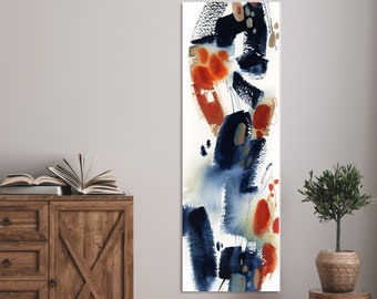 Long Abstract Canvas Art Print, Stairwell Wall Decor Abstract Painting Blue and Burnt Orange Tall Wall Decor, Narrow Wall Print on Canvas