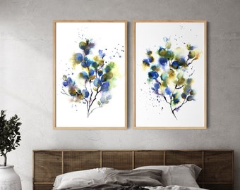 Set Of 2 Botanical Prints, Vibrant Watercolor Painting, Blue Green Wall Art, Canvas Prints Set, Plant Wall Hanging, Nature Home Decor