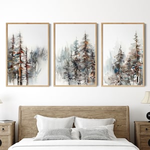 Pine Forest Canvas Prints Set 3 Pieces Wall Art, Abstract Nature, Tree Paintings, Landscape Watercolor, Forest Wall Decor, Woodland Wall Art