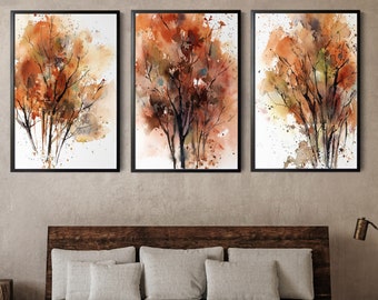 Abstract Tree 3 Canvas Prints Set, Autumnal Forest Watercolor Prints, Burnt Orange Tree Painting Wall Decor