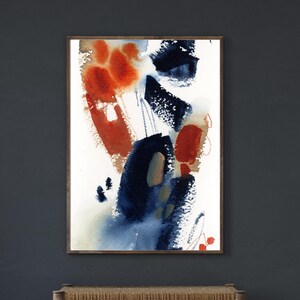 Abstract Blue Orange Canvas Art Print, Abstract Watercolor Painting, Abstract Wall Decor, Print on Canvas Wall Art, Rustic Orange Wall Art