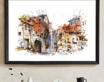 Italian Cityscape Canvas Art Print, Street Scene Watercolor Print, Italy Painting Travel Wall Decor