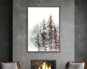 Pine Forest Canvas Art Print, Pine Tree Grey Woodland Landscape Painting Watercolor Print