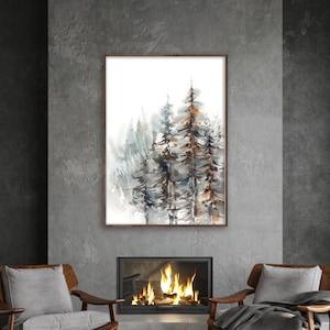 Pine Forest Canvas Art Print, Pine Tree Wall Art, Grey Woodland Home Decor, Abstract Nature Wall Art, Print on Canvas, Landscape Painting