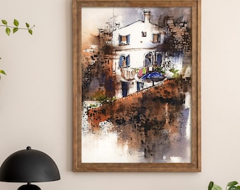Italian City Scene Canvas Print, Brick Wall and Old House Painting, Italy Architecture Wall Decor Print on Canvas