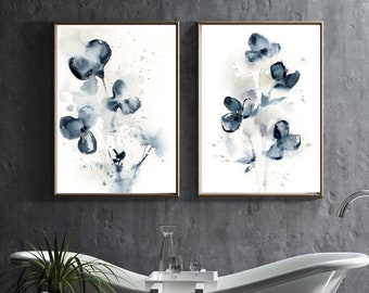 Abstract Floral Painting, 2 Canvas Art Prints Set, Blue Flowers Prints, Boho Wall Art, Ready to Hang Art, Living Room Canvas Prints 2 Pieces