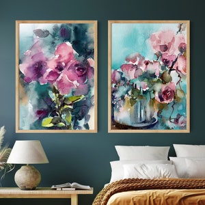 Pink and Teal Turquoise Abstract Print, Watercolor Flowers Set of 2 Giclée Floral Prints, Wall Hangings, Nature Wall Art, Botanical Print