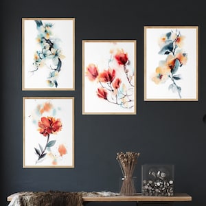 Set of 4 Prints, Watercolor Flowers Painting, Botanical Print, Red Blue Wall Decor, Canvas Wall Hanging, Floral Prints, Nature Wall Art