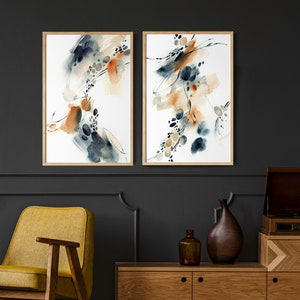 Abstract Orange Blue 2 Canvas Prints, Abstract Watercolor Painting Wall Decor 2 Pieces Set