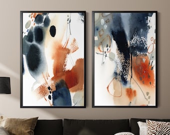 Blue and Burnt Orange Canvas Art Prints 2 Pieces Wall Decor, Abstract Paintings, Watercolor Art, Abstract Wall Art,Art  Prints on Canvas