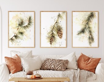 Pine Tree Branch and Pinecones 3 Canvas Prints Set, Nature Botanical Watercolor Painting, Evergreen Wall Decor
