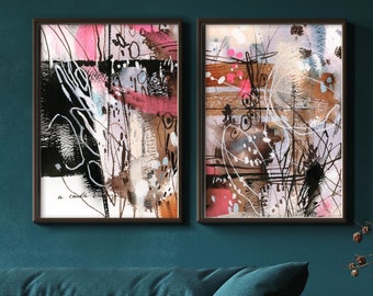 Canvas Prints Set of 2 Pieces, Abstract Pink Black Paintings, Canvas Wall Prints, Colorful Wall Art Prints , Statement Wall Art Home Decor