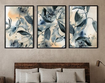 Blue Canvas Art Prints 3 Pieces Set, Abstract Leaves Paintings, Botanical Watercolor Art, Above Bed Wall Art Decor in Blue, 3 Canvas Prints