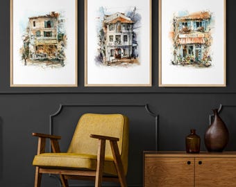 Old European Houses 3 Canvas Art Prints Set, Travel Wall Decor, Buildings Watercolor Illustrations, Architecture Painting Art