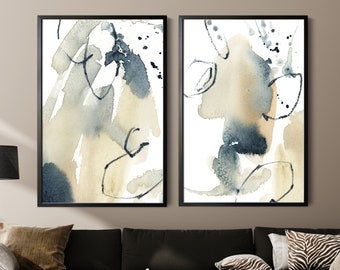 Abstract Canvas Art Prints 2 Pieces Wall Decor Set, Neutral Pastel Gray and Tan Abstract Art Prints, Watercolor Art, Abstract Wall Prints