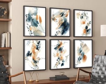 Abstract Painting 6 Set, Blue Terracotta Watercolor Prints, Gallery Wall 6 Pieces Art, Canvas Art Print, Ready To Hang Wall Art Framed Print