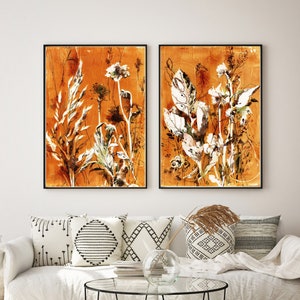 Abstract Herbs and Florals, Set of 2 Canvas Prints, Burnt Orange Botanical Art, Large Wall Art, 2 Panels Wall Decor, Botanical Painting Art