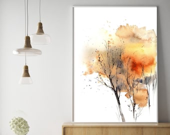 Orange Tree Wall Art Decor, Canvas Art Print, Autumn Nature Painting, Abstract Tree Print, Fall Colors Boho Wall Art, Living Room Decor